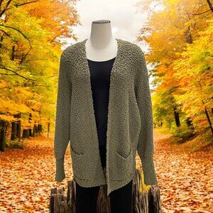 MEROKEETY L Womens Olive Sherpa-Textured Knit Cardigan Cozy Fall Layering Casual